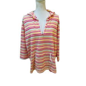Striped Multicolor Hoodie with 1/4 zip, pouch, and 3/4 sleeves